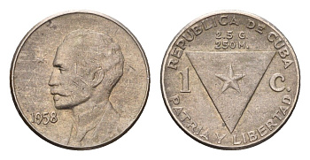 Куба 1 сентаво 1958 год-тип, Хосе Марти KM 30 медно-никель 4687-965