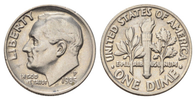 США 1 дайм (10 центов) 1985 P, Рузвельт KM 195a медь плакированный медно-никелем 4682-342