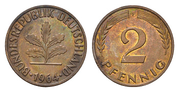 ФРГ 2 пфеннига 1964 F KM 106, J. 381 бронза 4682-1113
