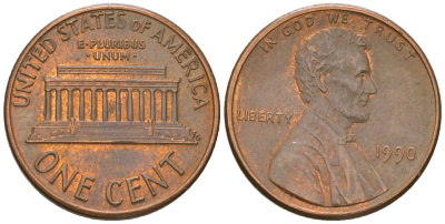 США 1 цент 1990 Линкольн KM 201b цинк плкированный медью aUNC 4549-729
