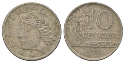 Бразилия 10 сентаво 1970 год-тип KM 578.2 медно-никель 4161-417