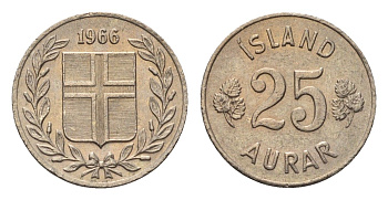 Исландия 25 эйре 1966 KM 11 медно-никель UNC 4696-343