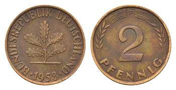 ФРГ 2 пфеннига 1958 F KM 106, J. 381 бронза 4189-944