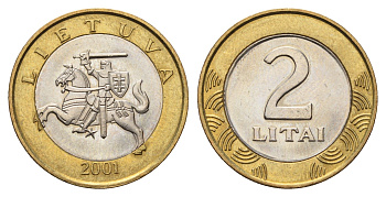 Литва 2 лита 2001 KM 112 биметалл UNC 4686-1251
