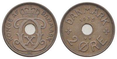 Дания 2 эре 1935 N, Кристиан X (1912-1947) KM 827 бронза 4701-822