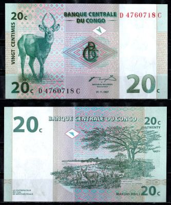 ДР Конго 20 сантимов 1997 Pick 83 бумага UNC (пресс) 7199-6-1