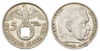 Германия 5 рейхсмарок 1936 J, Пауль фон Гинденбург (1847-1934) KM 94, J. 367 серебро 1518-1141