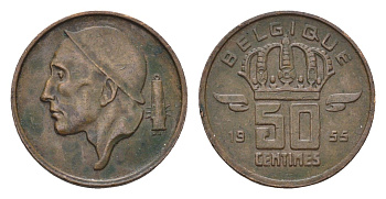Бельгия 50 сантимов 1955 Belgique KM 144 бронза 4684-766