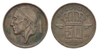 Бельгия 50 сантимов 1955 Belgique KM 144 бронза 4684-766