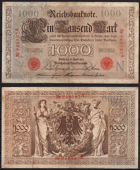 Германия 1000 марок 1910 Pick 45 b бумага 2192-87-1-2