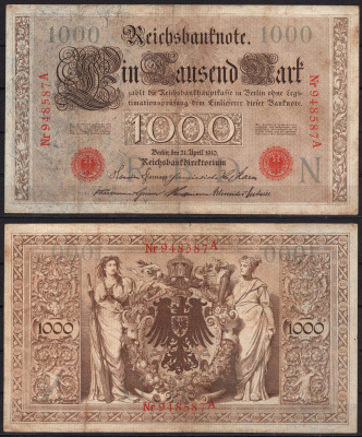 Германия 1000 марок 1910 Pick 45 b бумага 2192-87-1-2