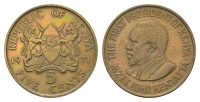 Кения 5 центов 1971 Джомо Кениата KM 10 никель латунь 4662-547