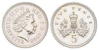 Великобритания 5 пенсов 1998 Елизавета II (1952-2022) KM 988, Spink 4670 (D5) медно-никель UNC 4697-637