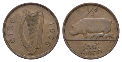 Ирландия 1/2 пенни 1966 свинья с поросятами KM 10 бронза 3851-922