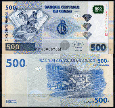 ДР Конго 500 франков 2022 добыча алмазов Pick 96C  бумага  UNC (пресс) 449-77-1
