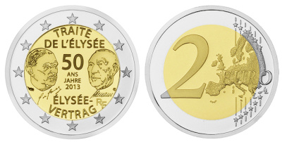 Франция 2 евро 2013 50 лет подписания "Елисейского договора" KM 2094 биметалл UNC M45-05