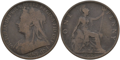 Великобритания 1 пенни 1897 Виктория (1837-1901) KM 790, Spink 3961 бронза 4144-723