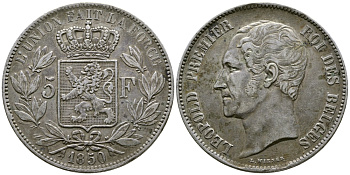 Бельгия 5 франков 1850 Леопольд I (1831-1865), точка над датой KM 17 серебро  1066-5-42