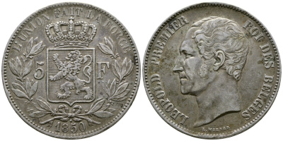 Бельгия 5 франков 1850 Леопольд I (1831-1865), точка над датой KM 17 серебро  1066-5-42