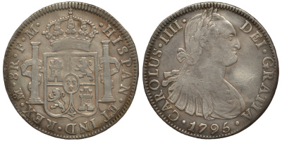 Мексика 8 реалов 1795 FM, монетный двор Mo (Мехико Сити), Карл IV Испанский (1788-1808) KM 109 серебро 06-273-15
