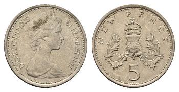 Великобритания 5 пенсов 1975 Елизавета II (1952-2022) KM 911, Spink 4233 (D1) медно-никель 4635-217