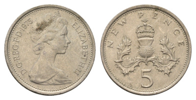 Великобритания 5 пенсов 1975 Елизавета II (1952-2022) KM 911, Spink 4233 (D1) медно-никель 4635-217