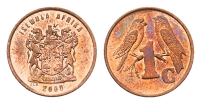 ЮАР 1 цент 2000 герб, капские воробьи KM 170 сталь плакированная медью UNC 4694-147