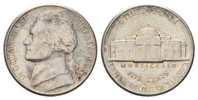 США 5 центов 1992 P, Джефферсон KM A192 медно-никель 4671-1132