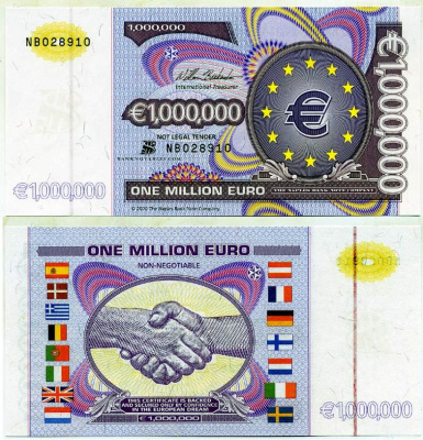 Италия 1000000 евро 2000 Сувенирная банкнота, bank NAPLES, с сертификатом, тираж 150000 экземпляров бумага UNC (пресс) 7146-56-2-2