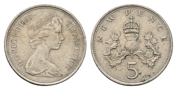 Великобритания 5 пенсов 1968 Елизавета II (1952-2022) KM 911, Spink 4233 (D1) медно-никель 4637-1255