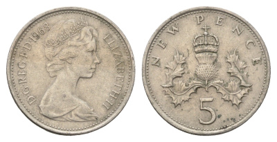 Великобритания 5 пенсов 1968 Елизавета II (1952-2022) KM 911, Spink 4233 (D1) медно-никель 4637-1255