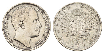 Италия 2 лиры 1906 R, Виктор Эммануил III (1900-1946) KM 33 серебро 413-1943