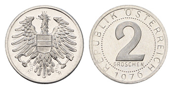 Австрия 2 гроша 1976 KM 2876 алюминий PROOF 187-613