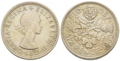 Великобритания 6 пенсов 1960 Елизавета II (1952-2022) KM 903, Spink 4149 медно-никель 3955-369