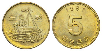 Южная Корея 5 вон 1987 KM 32 латунь UNC 4682-914