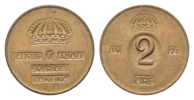 Швеция 2 эре 1971 TS, Густав VI Адольф (1950-1973) KM 821 бронза 27-246