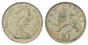 Великобритания 10 новых пенсов 1974 Елизавета II (1952-2022) KM 912, Spink 4231 (F1) медно-никель 4140-542
