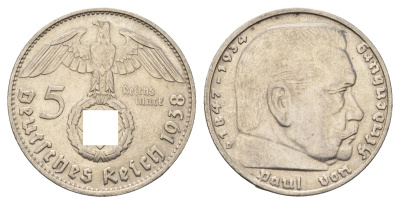 Германия 5 рейхсмарок 1938 D, Пауль фон Гинденбург (1847-1934) KM 94, J. 367 серебро 1518-1611