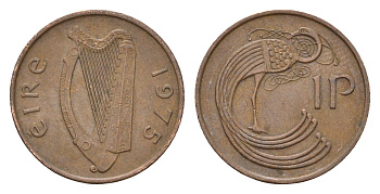 Ирландия 1 пенни 1975 мифологическая птица лира KM 20 бронза 4687-923