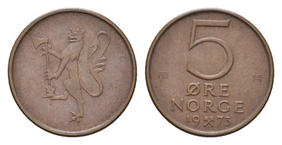 Норвегия 5 эре 1973 Улаф V (1957-1991) KM 415 бронза 4702-263