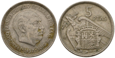 Испания 5 песет 1957 (68) Франсиско Франко (1939-1975) KM 786 медно-никель 186-647