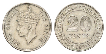 Малайя 20 центов 1950 Георг VI (1936-1952) KM 9 медно-никель 4706-433