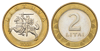 Литва 2 лита 2002 KM 112 биметалл UNC 4686-1252