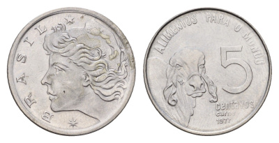 Бразилия 5 сентаво 1977 ФАО, зебу KM 587 нержавеющая сталь UNC 4687-1019