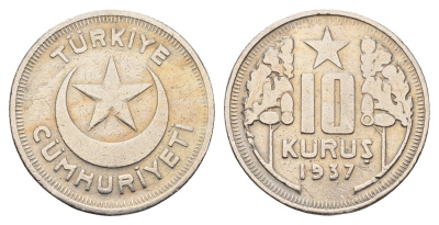 Турция 10 курушей 1937 KM 863 медно-никель 89-1612