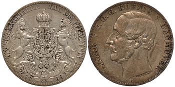 Брауншвейг-Каленберг-Ганновер 1 талер 1866 В, Георг V (1851-1866) КМ 230, AKS 144, Dav. 682, Kahnt 239, Thun 174 серебро 1066-5-53