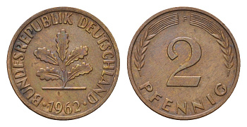 ФРГ 2 пфеннига 1962 F KM 106, J. 381 бронза 4576-1226