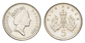 Великобритания 5 пенсов 1991 Елизавета II (1952-2022) KM 937b, Spink 4372 (D4) медно-никель UNC 4705-429