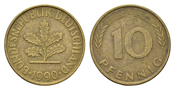 ФРГ 10 пфеннигов 1990 A KM 108, J. 383 сталь плакированная латунью 4684-1219