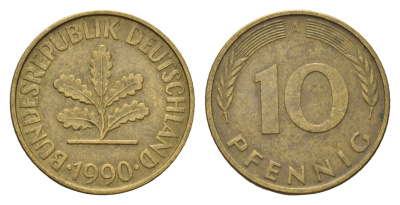 ФРГ 10 пфеннигов 1990 A KM 108, J. 383 сталь плакированная латунью 4684-1219